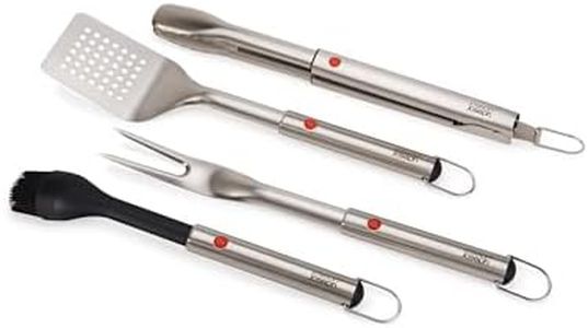 Joseph Joseph GrillOut 4-Piece Stainless Steel BBQ Utensil Set with Storage Case, Brush, Tongs, Turner & Fork, Retractable Handle, Hanging Loops