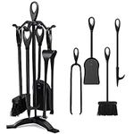 Amagabeli 25.2"(64cm) 5 Pieces Fireplace Tools Sets Black Wrought Iron and Indoor Fireplace Accessories Log Holder Fire Pit Stand Fire Tongs Shovel Antique Brush Chimney Poker Wood Stove