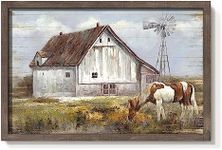 Barn Framed Wall Art Decor: Rustic Farmhouse Wooden Picture Countryside Windmill Meadow Painting Blue Sky and Animal Horse Prints Artwork for Home Bedroom Kitchen 36'' x 24''