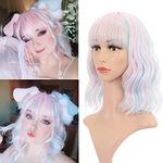 VCKOVCKO Natural Wavy Wig With Air Bangs Short Bob Piano Color Wigs Women's Shoulder Length Wigs Curly Wavy Synthetic Cosplay Wig Pastel Bob Wig for Girl Colorful Wigs(12",Pink & Sky Blue Mixed)