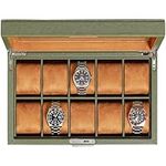 ROTHWELL 10 Slot Leather Watch Box - Luxury Watch Case Display Organizer, Ultra Soft Microsuede Liner, Locking Jewelry Watches Holder With Large Glass Top (Green/Tan)