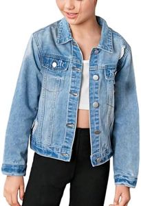 WDIRARA Girl's Ripped Flap Pocket Button Front Long Sleeve Collared Denim Jacket Medium Wash 11-12Y