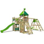 FATMOOSE Wooden climbing frame RiverRun Royal XXL with SwingSurf, swing set & apple green slide, Outdoor kids playhouse with sandpit, climbing ladder & play-accessories for the garden