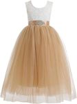 Glamulice Flower Girls Dress Golden 2-3 Lace Backless Kids Wedding Bridesmaid Pageant Princess Party Ball Gowns Ivory Bohemian Halloween Formal Birthday Holiday Boho Maxi Christmas Tulle Dresses Gold