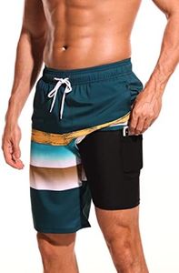 difficort Mens Swimming Trunks with Compression Liner Quick Dry Board Shorts Swimsuit with Zipper Pockets,Blackish Green+Yellow,Small