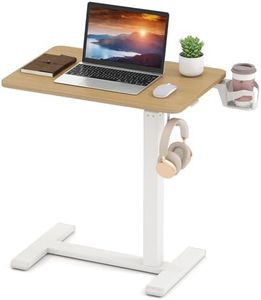 Giantex Mobile Standing Desk, Height Adjustable Overbed Bedside Table w/Cup Holder, Pneumatic Rolling Laptop Desk w/Hidden Wheels, Sofa Side Table for Living Room Bedroom Study (Natural + White)