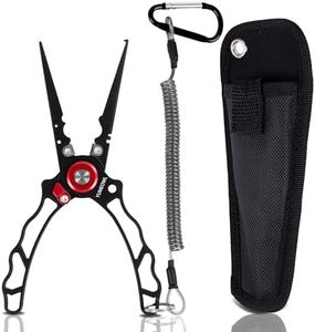 YUMEOWL Lockable Fishing Pliers & Hook Removers with Tungsten Steel Cutters, Non-Stick Coating, Ergonomic Handle and Lost Rope, Multi-Function, Lightweight Fishing Gear, Black 7.28" 4.23 oz