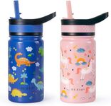 BUZIO 2 Pack Kids Water Bottle for School, 400ml Stainless Steel Vacuum Insulated Sports Water Bottle with Straw Lid, Wide Mouth Leak Proof Drink Flask for Boy Girl(Pink Unicorn+Blue Dinosaur)