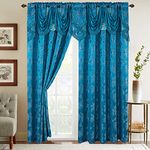 Elegant Comfort Jacquard Look Curtain Panel Set with Attached Waterfall Valance, (Set of 2), 54 x 84 Inches, Leaf Pattern, Turquoise Blue
