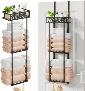 HapiRm Towel Rack Bathroom Storage - 3 Tier Over The Door Towel Rack with Metal Shelf Basket and 6 Hooks, Wall Mount Towel Holder, Rolled Towel Organizer for Small Bathroom (Black)