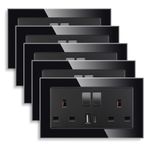 5 Pack CNBINGO USB Fast Charging with Glass Double Switched Socket, 20W Type-C (PD) and USB-A (QC) with Electric Power Socket, Black Tempered Glass Panel Wall Outlet