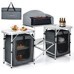 Goplus Folding Camping Kitchen Table with Storage, Aluminum Portable Outdoor Cooking Table with Windscreen, Foldable Camp Table Cook Station for BBQ, Party, Picnics (Grey)