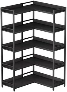 Aquzee 5 Tier L Shaped Corner Bookshelf Bookcase - Space-Saving Shelves for Home and Office Storage, Black