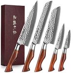 HEZHEN Damascus Knife Sets 5PCS,Premium Powder Steel Forged Hammered Pattern, Rosewood Handle, Chef Knife Cooking Kitchen Knives