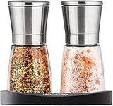 Modetro Salt and Pepper Grinder Set - 2 Stainless-Steel, Easy-Fill Mills w/Adjustable Coarseness, Lids & Silicon Stand