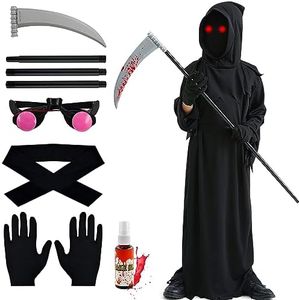 TaimeiMao Costume Halloween per Bambini,Costumi Grim Reaper con occhi luminosi,Sangue Finto,Cappuccio,Guanti,Falce,per Cosplay,Carnevale,Feste,Mantello di Halloween per Bambino 8-10 Anni(Taglia M)