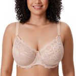 DELIMIRA Women's Plus Size Bras Full Coverage Lace Underwire Unlined Bra Beige 38DD