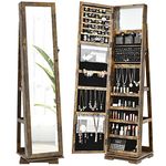 CHARMAID 360° Swivel Jewelry Armoire with Higher Full Length Mirror, Standing Lockable Jewelry Cabinet Organizer, Large Storage Capacity, Inside Makeup Mirror, Rear Storage Shelves (Rustic Brown)