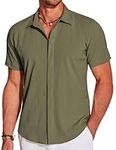 COOFANDY Men's Summer Beach Shirt Casual Short Sleeve Button Down Lightweight Textured Wrinkle Free Stretch Shirts ArmyGreen XL