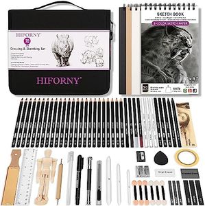 HIFORNY 70 Pcs Drawing Set Sketching Kit - Sketch Pencils Art Supplies for Adults Artists Kids with 3-Color Sketchbook,Graphite,Pastel,Charcoal Pencils,Blending Tools