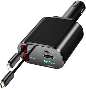 Retractable Car Charger, 4 in 1 Fast Charging Car Charger 60W, Retractable Cable and 2 USB Ports Car Charger Adapter Compatible with iPhone 16 15 14 13 12 11 Pro Max, for Galaxy S23,Pixel Car Charger