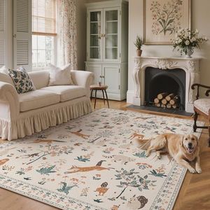 BESBLEE 10x14 Animal Print Nursery Playroom Rug Machine Washable Floral Low Pile Carpet, Non-Slip Non-Shedding Pet Friendly Rug for Living Room Playroom Nursery Bedroom Dining Room, Beige