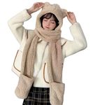 Women Winter Cute Cartoon Bear Ear Hat Warm Hoodie Hat Long Scarf Gloves Soft Plush Shawl Wraps Hooded Hat, Khaki, One Size