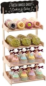 HOTCAN Cookie Display Stand for Bakers & Vendors with Acrylic Front | Wooden Dessert Stand with Chalkboard Sign for Market Booths, Craft Fairs & Events | 4 Tiered Cookie Display for Cupcakes, Muffins & Pastries (Natural)