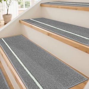 JSEI Stair Treads for Wooden Steps with Glow-in-the-Dark Stripe Indoor, Non-Slip Washable Carpet Stair Treads with TPE Backing, 15 Pack, 9" x 28", Light Grey