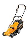 LawnMaster 1600W Electric Lawn Mower with 37cm cutting width, ideal for medium sized lawns. Rear roller for striped finish. With 6 adjustable cutting heights and mulching plug, Orange