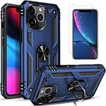 STARSHOP iPhone 11 Pro Max Cases, with [Tempered Glass Screen Protector Included], Military Grade Shockproof Dual Layers Protective Phone Cover with Built-in 360Ã‚° Rotate Metal Ring Kickstand - Navy