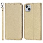 SunYoo for iPhone 14 Plus Case with Wrist Strap,Coque portefeuille for iPhone 14Plus étui,Shining Silk Leather Wallet Case Cards Holder for Women Men Flip Cover Bag portefeuille Pour Femmes Gold