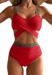 MAIABLEAU Bikini Set for Women Two Piece Swimsuit Wrapped Spaghetti Strap Back Self Tie Bathing Suit Red S