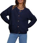 EFAN Women Cardigan Sweaters 2023 Fall Trendy Open Front Button Down Long Sleeve Pockets Cable Chunky Knit Tweed Jackets, Navy Blue, Medium