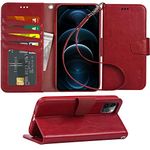 Arae Case for iPhone 2020 6.7 inch Wallet Case Flip Cover with Card Holder and Wrist Strap for iPhone 2020 6.7 inch - Wine red