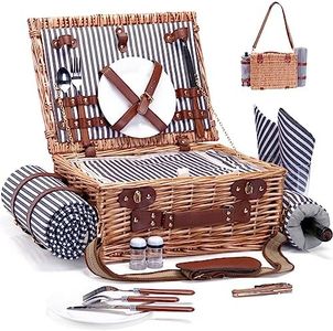 SatisInside Picnic Basket with Blanket and Wine Pouch for 2 Wicker Picnic Set with Insulated Liner Cooler Bag Hamper for Camping,Wedding,Valentine Day,Gift - Reinforced Handle, Stripes