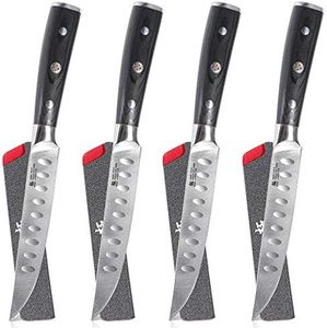 KYOKU Samurai Series - 5" Steak Knives Set of 4 with Sheath & Case - Full Tang - Japanese High Carbon Steel - Pakkawood Handle with Mosaic Pin (Japanese Steak Knife Set)