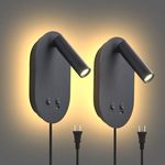 LED Wall Lamp Wall Mounted Reading Light, Plug in Wall Sconces Set of 2, Multifunctional Wall Light with USB Type C Ports, Adjustable Headboard Spotlight 3W Book Light and 9W Night Light (Black)