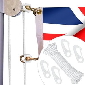 KATOOM 15M 6mm Nylon Flag Pole Rope Flagpole Rope Flag Pole String White Flag Cord Replacement Flag Halyard Line Double Braided with 4 Hook Clips for Garden Bundling Hanging Clothes Camping