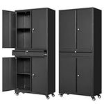 Letaya Metal Garage Storage Cabinet with Wheels,72“ Rolling Tool Cabinet with 4 Door Lock-Adjustable Shelves and Drawer for Garage Home Office Utility Room (Black with Wheels)