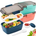 YOUEON 3 Pcs 68 Oz Salad Lunch Container with 4 Compartment Tray, Bento Lunch Box with Spoon & Dressing Cup, Leakproof Salad Container for Lunch, Salad Toppings, Snacks, Fruits, BPA-Free