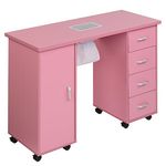 Nail Desk Manicure Table - Nail Tech Desk with Dust Collector - Nail Table with Electric Downdraft Vent - Beauty Spa Salon Workstation on Wheels - Single Door Cabinet and 4 Removable Drawers - Pink