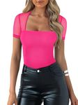 REORIA Women's Square Neck Bodysuits Fashion Going Out Sexy Short Sleeve T Shirts Double Lined Sheer Mesh Casual Tops Plus Size Plus Size Rose 2X-Large