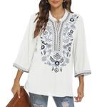 Traditional Mexican Embroidered Peasant Tops for Women, Plus Size Vintage Floral Tunic Shirts, Flowers Embroidery Blouses, White-72, 3XL