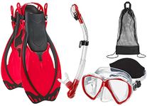 Phantom Aquatics Rapido Boutique Collection Tempered Glass Panoramic View Snorkel Mask, Dry Top Snorkel, Snorkeling Fin Set with Swim Beach Bag (RD), Marine Red, S/M, US: 6-9 / EU: 38-42, RQMOMFS87