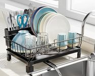 GSlife Dish Drying Rack - Dish Rack with Drain Board Utensil Holder, Rustproof Dish Drainer for Kitchen Counter, Small Black