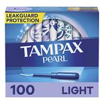 Tampax Pearl Tampons Light Absorbency, 100 Count, BPA-Free Plastic Applicator and LeakGuard Braid, Unscented, 50 Count, Pack of 2 (100 Count Total)