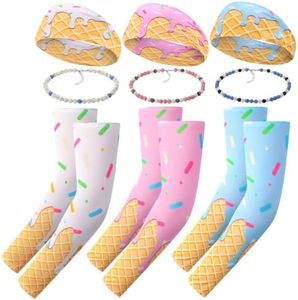 3 Set/9 Pcs Ice Cream Baseball Headbands and Arm Sleeves Sports Elastic Sweatbands UV Protection Cooling Sleeve for Youth Teen Adult Football Basketball Gym Party Favors