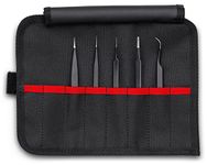 5 Pc Stainless Steel Tweezers Set in Tool Roll, ESD