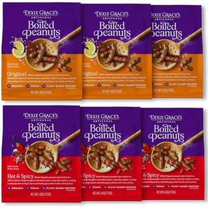 Dixie Grace’s Artisanal Boiled Peanuts, 7g Protein Plant-Based Snack – Tender & Juicy Boiled Peanuts Variety Pack, Gluten-Free & Non-GMO | Original and Hot & Spicy Snack – 4oz (6-Pack)